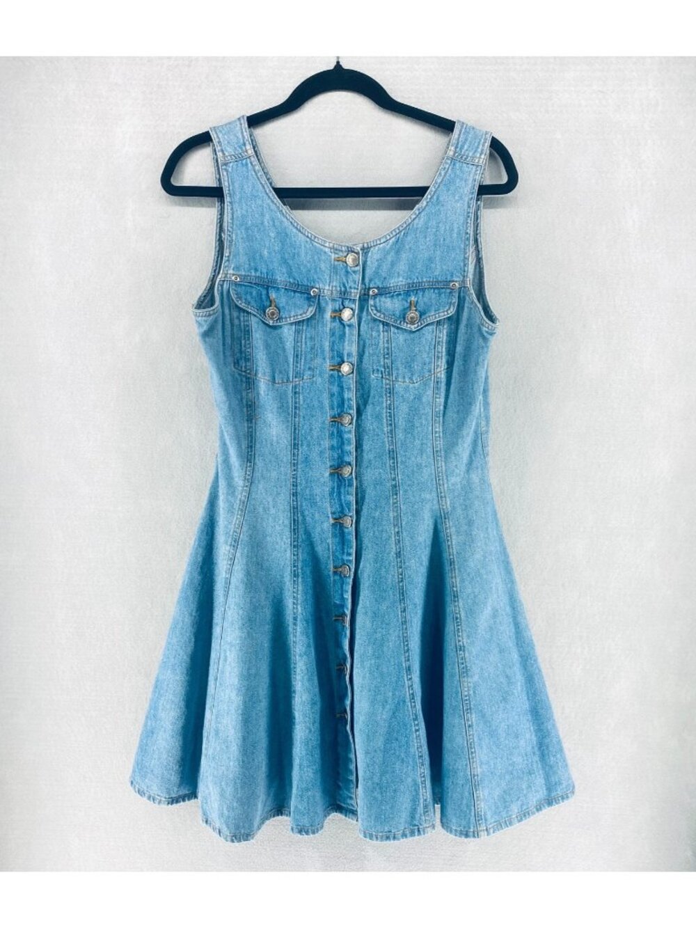 Vintage Denim Tank Dress Womens Large Blue Button Up A Line Knee Length